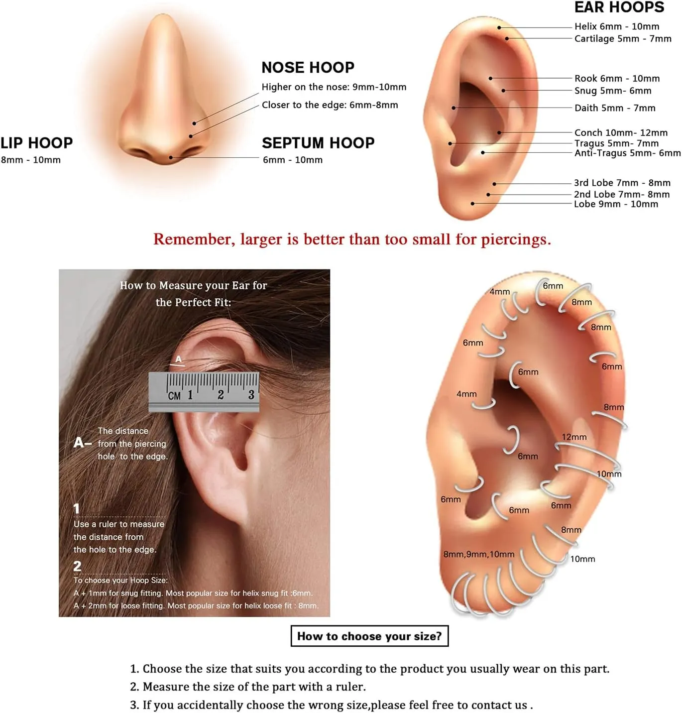 AROWRO Helix Rook Conch Lobe Earrings Septum Hoop 316L Surgical Steel 16G Cartilage Daith Tragus Piercing Jewelry