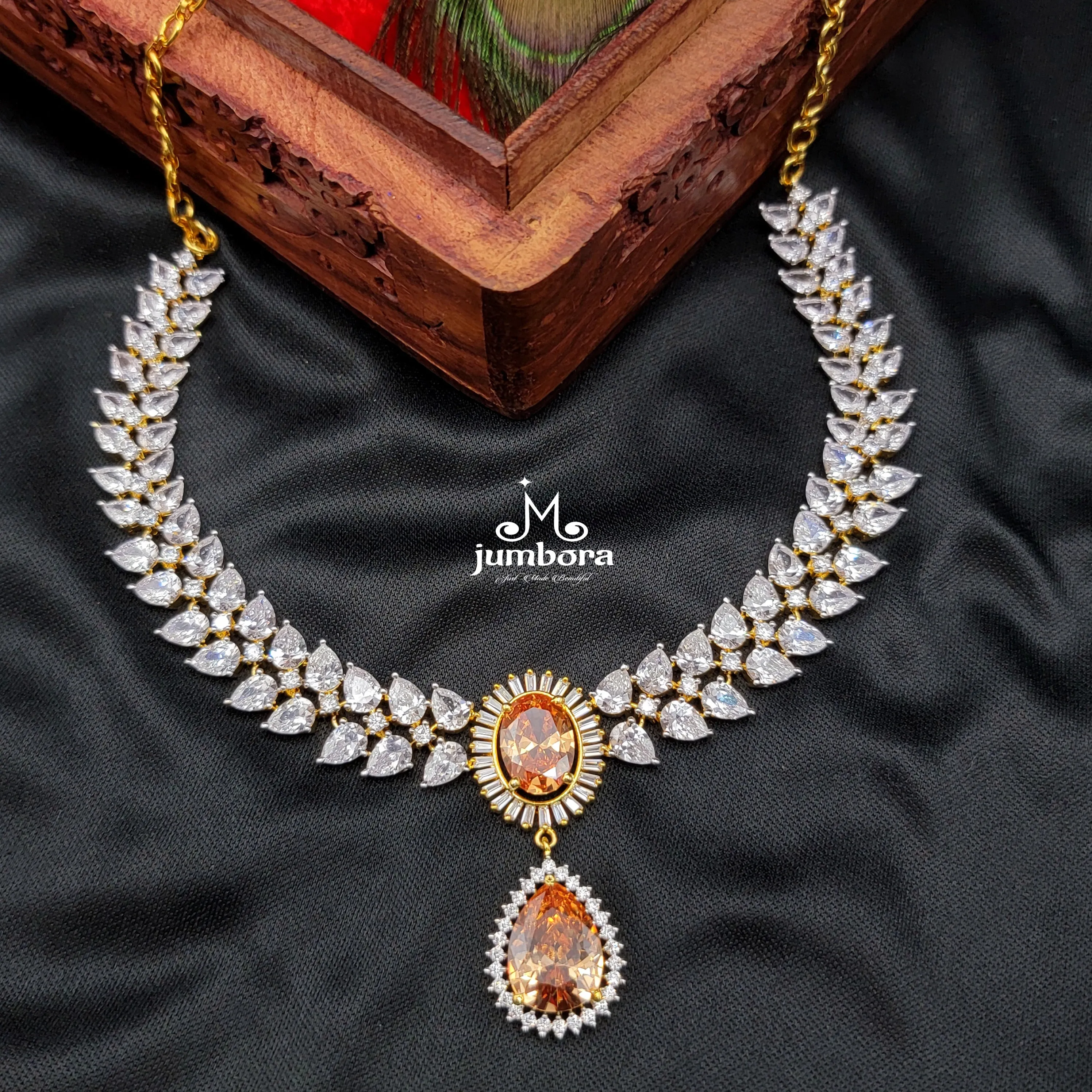 Champagne Color & White AD Zircon CZ Necklace Set