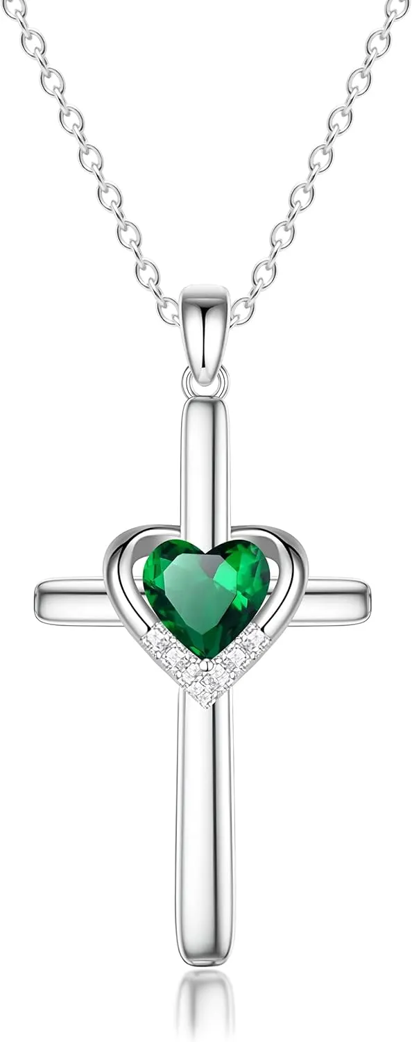 Cross Necklace with Genuine Heart Birthstone for Women, Love and Faith, Birthday Gifts for Her