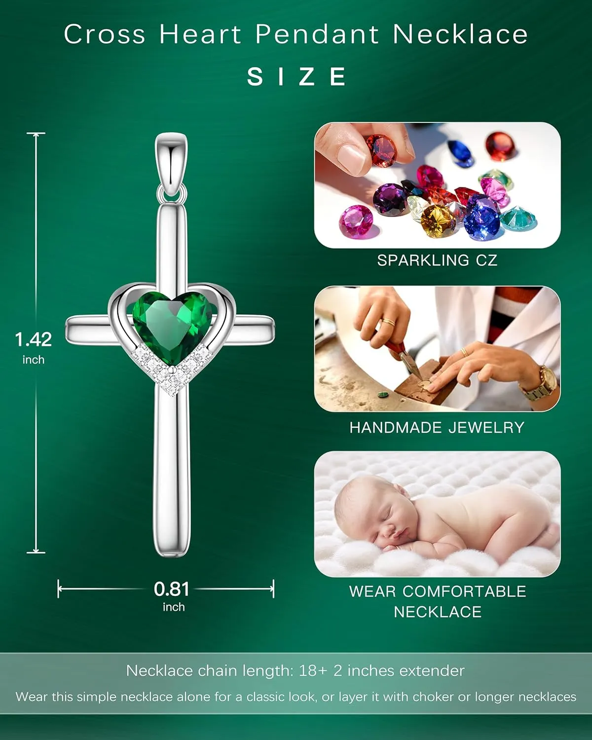 Cross Necklace with Genuine Heart Birthstone for Women, Love and Faith, Birthday Gifts for Her