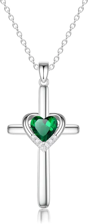 Cross Necklace with Genuine Heart Birthstone for Women, Love and Faith, Birthday Gifts for Her
