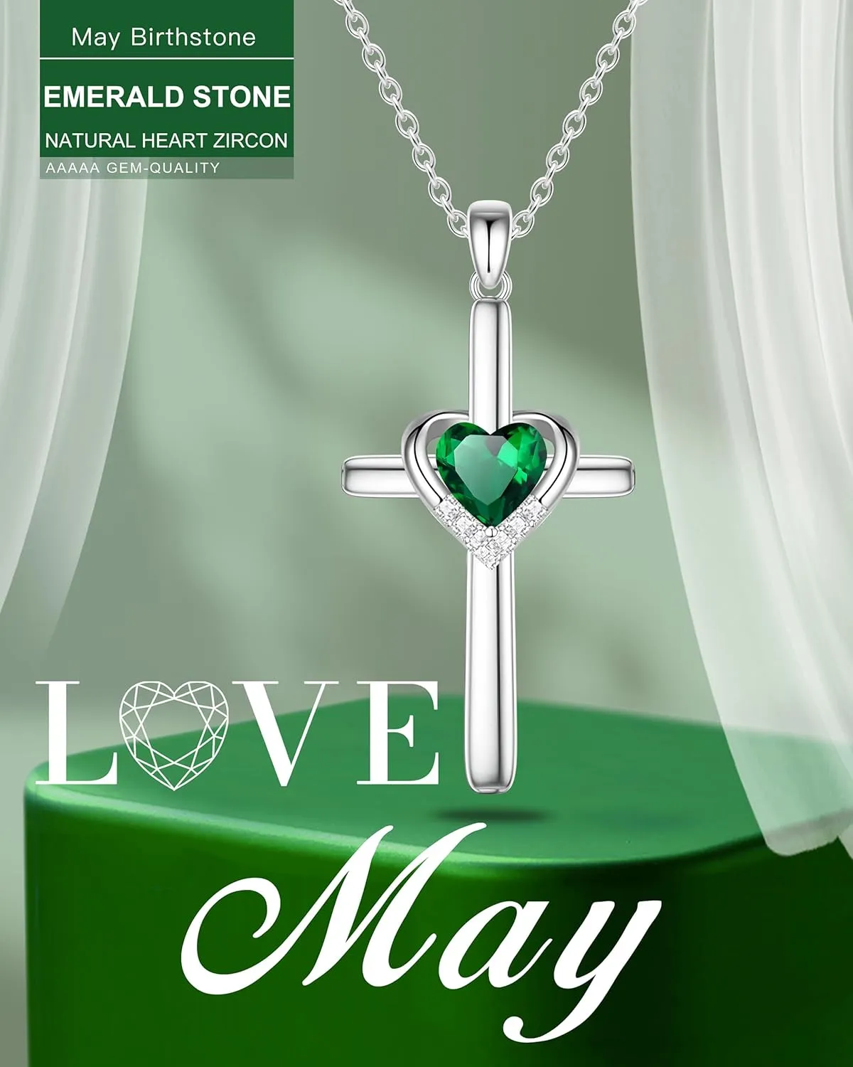 Cross Necklace with Genuine Heart Birthstone for Women, Love and Faith, Birthday Gifts for Her