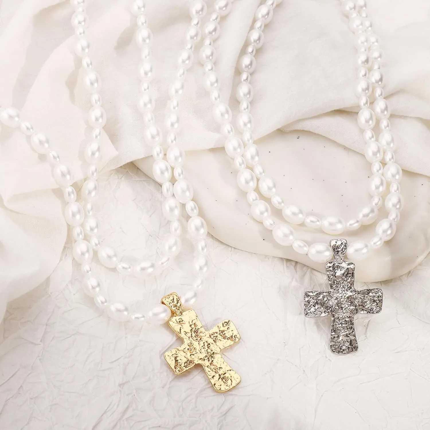 Gold Chunky Cross Necklace Women Statement Pendant Layered Hammered Bold Cross Vintage Toggle Clasp Jewelry