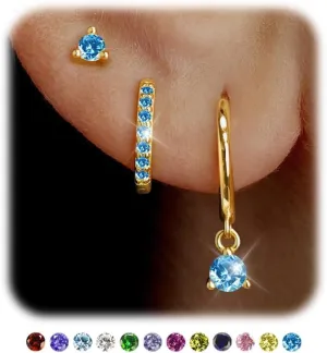 Gold Huggie Hoop Earrings Set Small 14K Gold Plated Cute Dainty Birthstone Earrings Stack Hypoallergenic 925 Sterling Silver Post CZ Diamond Cartilage Stud Dangle Earrings Trendy Earrings for Sensitive Ears Women