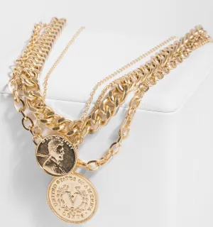 Gold Sikka Coin Layered Chain Necklace