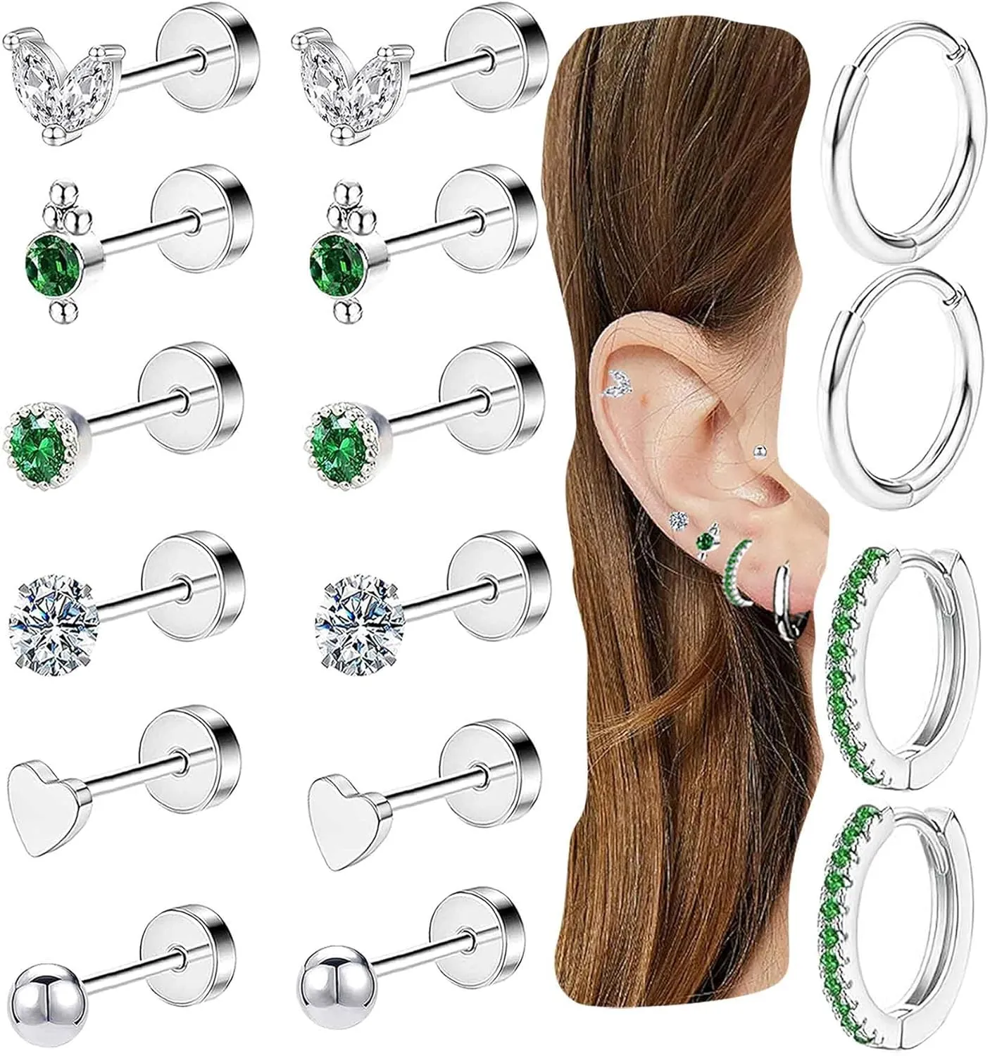 Hypoallergenic Surgical Steel Earrings for Sensitive Ears 14K Gold Flat Back Earrings for Women Men Small Conch Helix Tragus Earrings Flatback Stud Hoop Cartilage Earring Set for Multiple Piercing