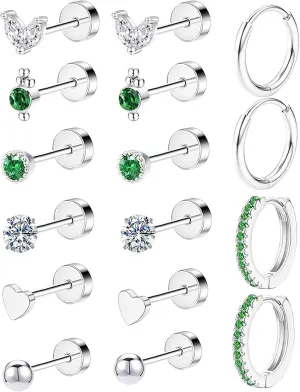 Hypoallergenic Surgical Steel Earrings for Sensitive Ears 14K Gold Flat Back Earrings for Women Men Small Conch Helix Tragus Earrings Flatback Stud Hoop Cartilage Earring Set for Multiple Piercing