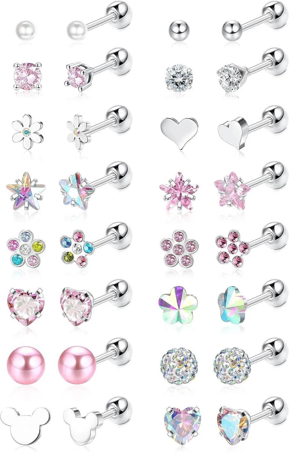 Jstyle 16 Pairs Hypoallergenic Earrings For Girls Women Surgical Steel Screwback Earrings for Sensitive Ears Cute Todder Earrings Kid Earrings Flat Back Stud Earrings