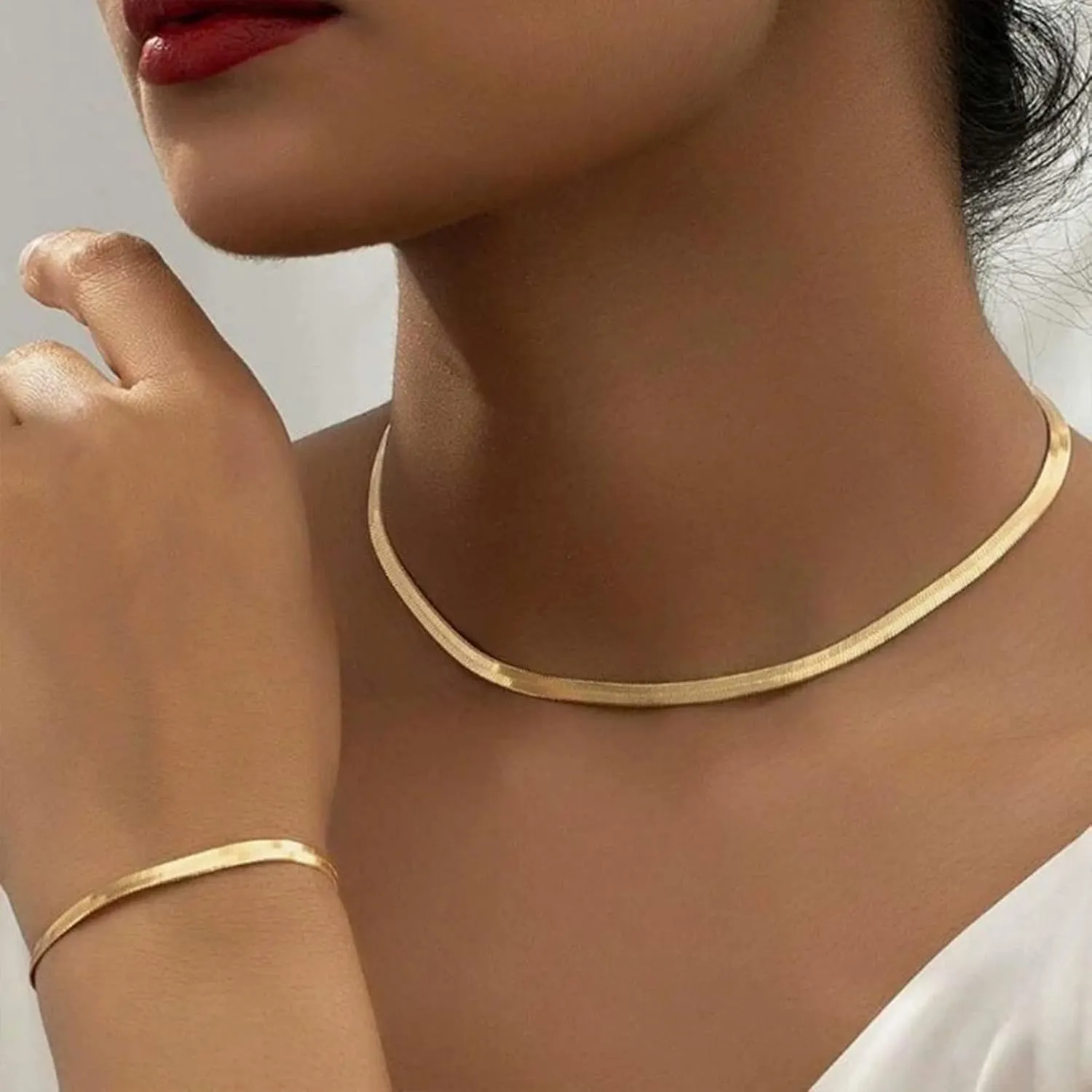 Otxas Gold Herringbone Choker Necklace for Women Set Snake Chain Necklace and Bracelet Set Flat Gold Necklace and Bracelet Set Snake Chain Jewelry