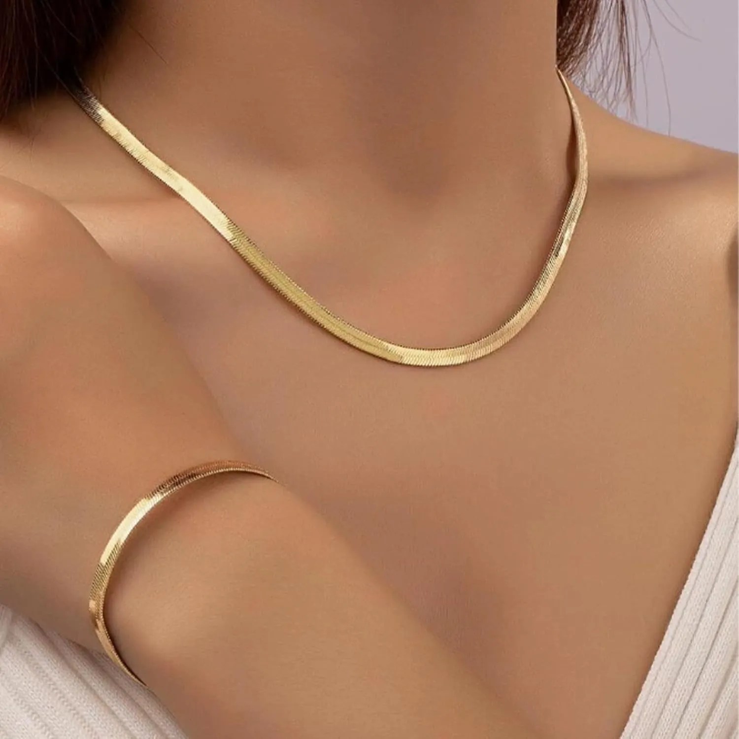 Otxas Gold Herringbone Choker Necklace for Women Set Snake Chain Necklace and Bracelet Set Flat Gold Necklace and Bracelet Set Snake Chain Jewelry