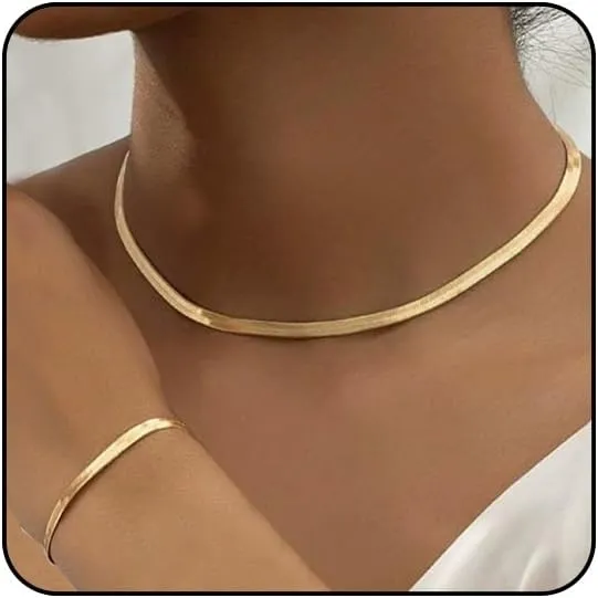Otxas Gold Herringbone Choker Necklace for Women Set Snake Chain Necklace and Bracelet Set Flat Gold Necklace and Bracelet Set Snake Chain Jewelry