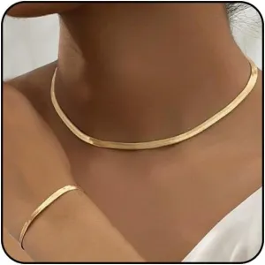 Otxas Gold Herringbone Choker Necklace for Women Set Snake Chain Necklace and Bracelet Set Flat Gold Necklace and Bracelet Set Snake Chain Jewelry